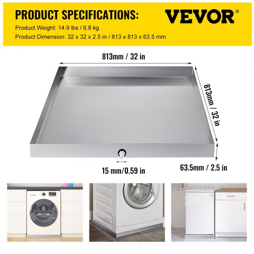 32 x 32 x 2.5 Inch Washing Machine Pan 18 GA Thickness 304 Stainless Steel