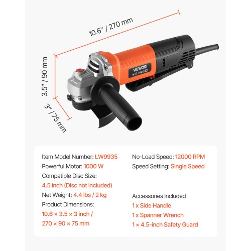 Angle Grinder 412 Electric Grinder Power Tool 8Amps 12000RPM HighSpeed