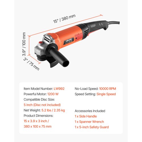 Angle Grinder 5 Electric Grinder Power Tool 10Amps 10000RPM HighSpeed