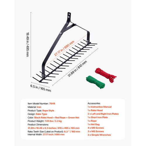 32 in Aquatic Weed Rake 6.3 in Double Sided Lake Weed Rake Lightweight