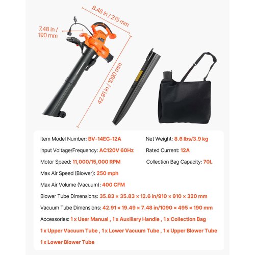 Electric Leaf Blower 12 Amp 250 MPH 400 CFM 3 in 1 Handheld Blower