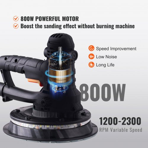 Drywall Sander 800W Brush Motor 12002300RPM Variable Speed Auto Vacuum