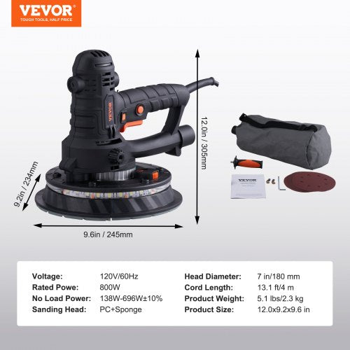 Drywall Sander 800W Brush Motor 12002300RPM Variable Speed Auto Vacuum