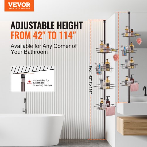 Shower Corner Caddy Tension Pole 42 to 114 High MultiFunctional Shower
