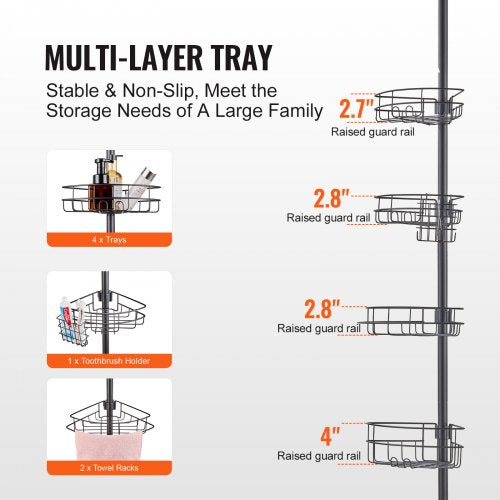 Shower Corner Caddy Tension Pole 56 to 114 High MultiFunctional Shower