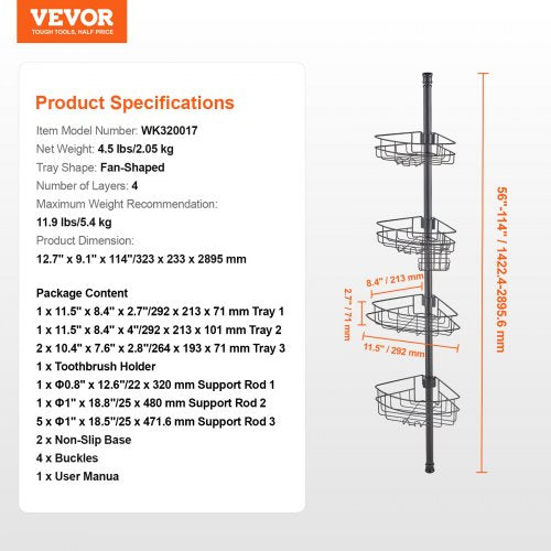 Shower Corner Caddy Tension Pole 56 to 114 High MultiFunctional Shower