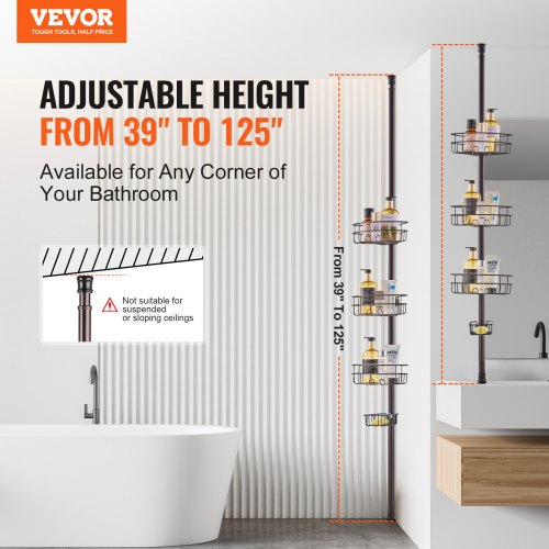 Shower Corner Caddy Tension Pole 39 to 125 High MultiFunctional Shower