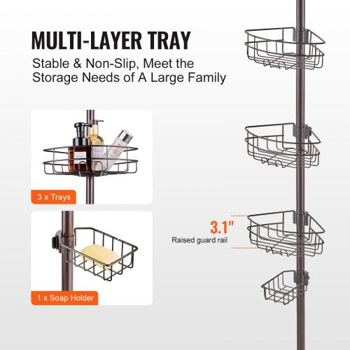 Shower Corner Caddy Tension Pole 39 to 125 High MultiFunctional Shower
