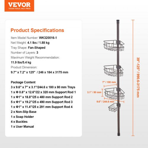 Shower Corner Caddy Tension Pole 39 to 125 High MultiFunctional Shower