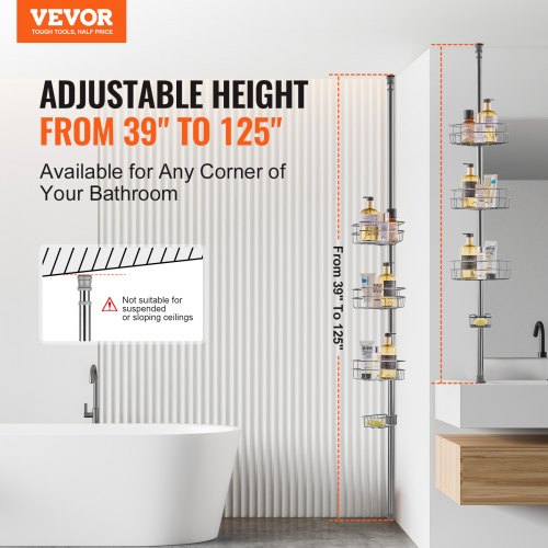 Shower Corner Caddy Tension Pole 39 to 125 High MultiFunctional Shower