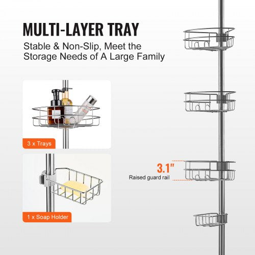 Shower Corner Caddy Tension Pole 39 to 125 High MultiFunctional Shower