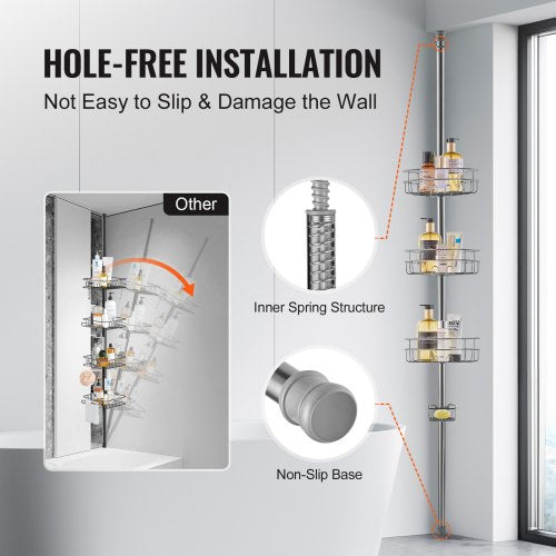 Shower Corner Caddy Tension Pole 39 to 125 High MultiFunctional Shower