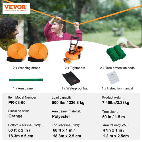 Slackline Kit with Training Line 60 ft Backyard Slack Line Equipment Easy