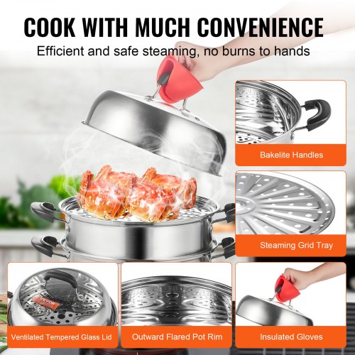 Steamer Pot 11in28cm 3 Tier Steamer Pot for Cooking with 85QT Stock Pot