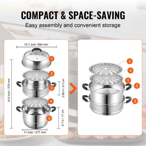 Steamer Pot 11in28cm 3 Tier Steamer Pot for Cooking with 85QT Stock Pot