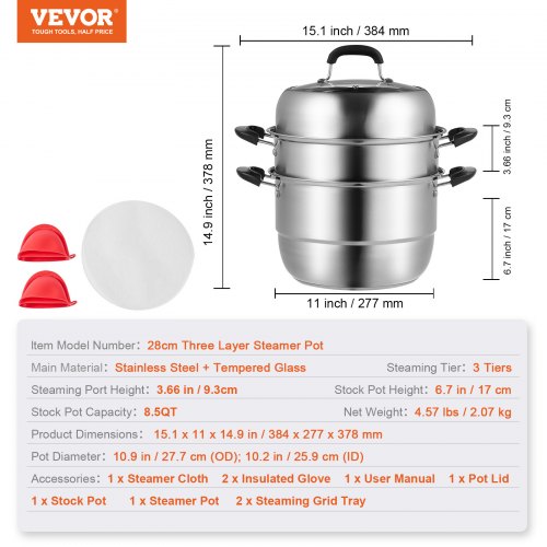 Steamer Pot 11in28cm 3 Tier Steamer Pot for Cooking with 85QT Stock Pot