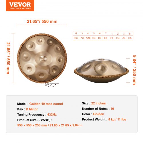 Handpan Drum 22 in 10 Notes D Minor Hand Drum Hand Pan Drum Instrument