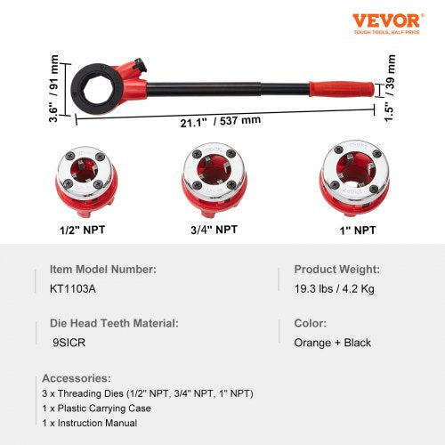 Ratchet Pipe Threader Kit 12 NPT 34 NPT 1 NPT Manual Ratcheting Pipe