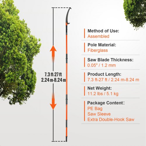 Manual Pole Saw 7327 ft Extendable Tree Pruner Sharp Steel Blade High
