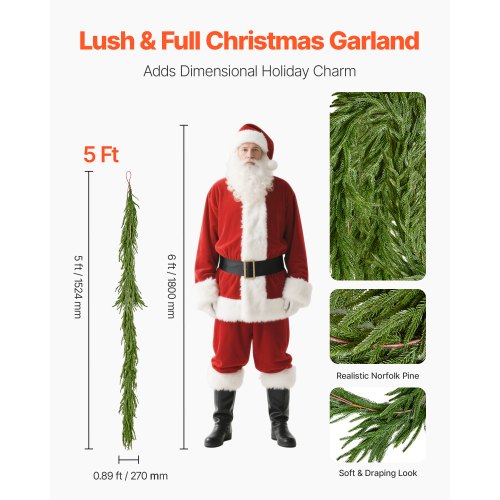 Christmas Garland 5FT Realistic Norfolk Pine Garland Evergreen Real Touch
