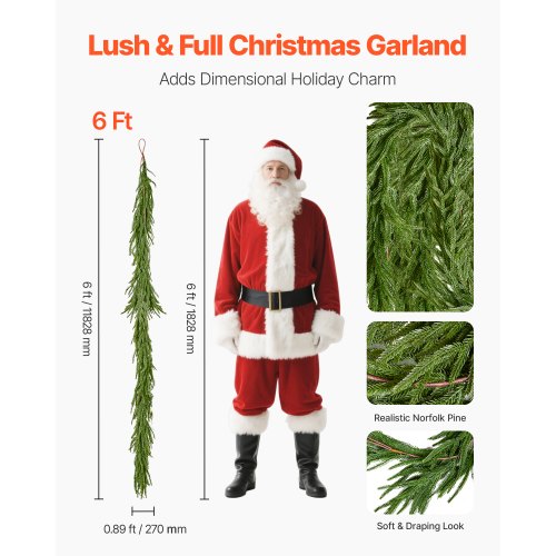 Christmas Garland 6FT Realistic Norfolk Pine Garland Evergreen Real Touch