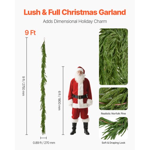 Christmas Garland 9FT Realistic Norfolk Pine Garland Evergreen Real Touch