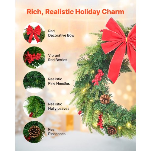 Christmas Wreath 24 Inches PreLit Artificial Christmas Wreath with 50 LED