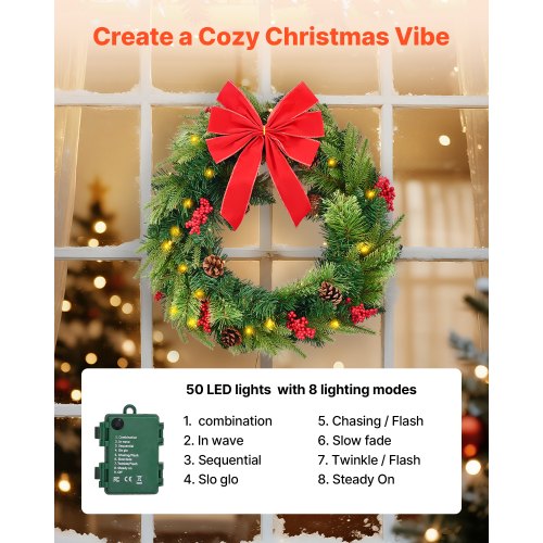 Christmas Wreath 24 Inches PreLit Artificial Christmas Wreath with 50 LED