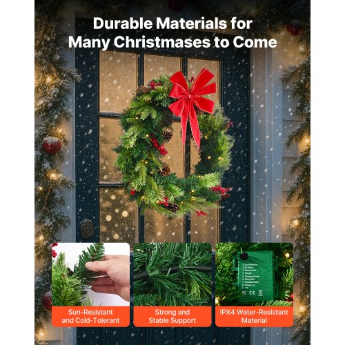 Christmas Wreath 24 Inches PreLit Artificial Christmas Wreath with 50 LED
