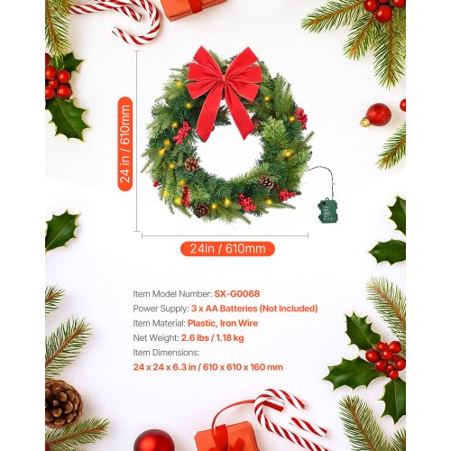 Christmas Wreath 24 Inches PreLit Artificial Christmas Wreath with 50 LED