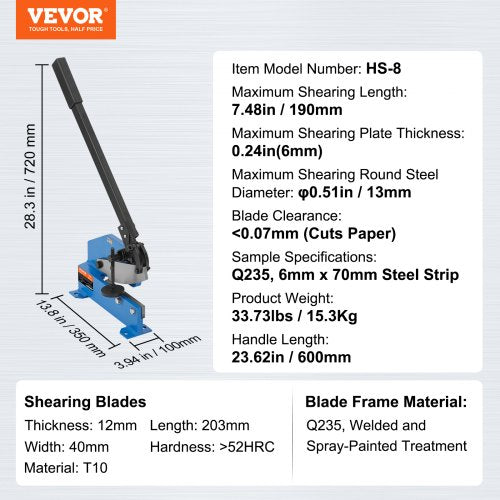 8 Manual Hand Plate Shear for Metal Sheet Processing HS8 Benchtop Cutter