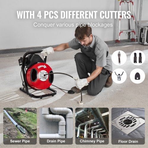Drain Cleaner Machine 50FT x 12 Inch Manual Feed Sewer Snake Auger  with 4