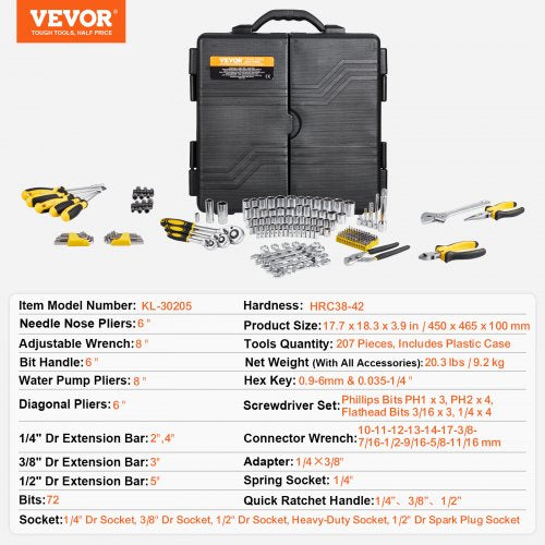 207Piece Mechanics Tool Set 14 38 12 Drive Sockets SAE and Metric