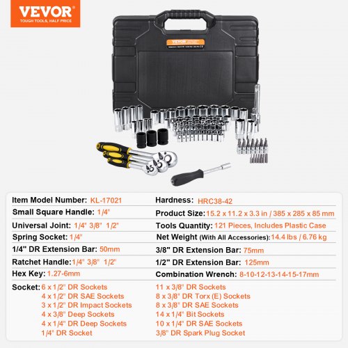 121 Piece Mechanics Tool Set 1/4" 3/8" 1/2" Drive Sockets SAE and Metric