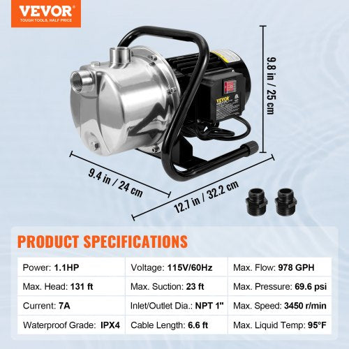 Shallow Well Pump 1.1 HP 115V 978 GPH 131 ft Height 40psi Max Pressure
