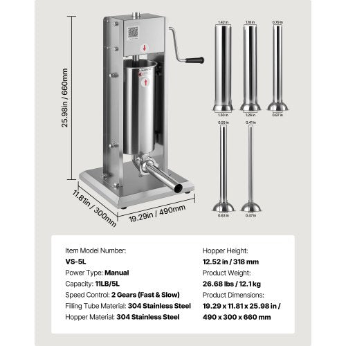 Manual Sausage Stuffer 11 LBS 5 L Vertical Meat Stuffer DualSpeed