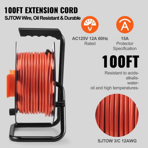 Extension Cord Reel 100FT with 4 Outlets and Dust Cover Heavy Duty 12AWG