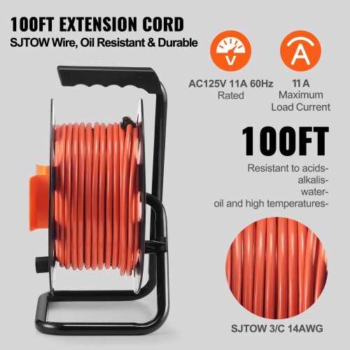 Extension Cord Reel 100FT with 4 Outlets and Dust Cover Heavy Duty 14AWG
