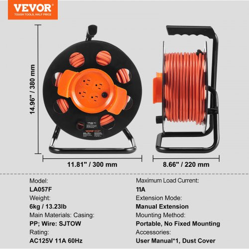 Extension Cord Reel 100FT with 4 Outlets and Dust Cover Heavy Duty 14AWG