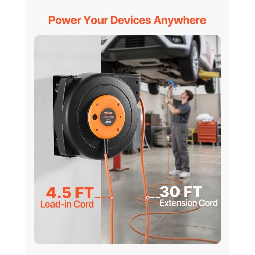 Retractable Extension Cord Reel 30 FT Heavy Duty 16AWG3C SJTOW Power
