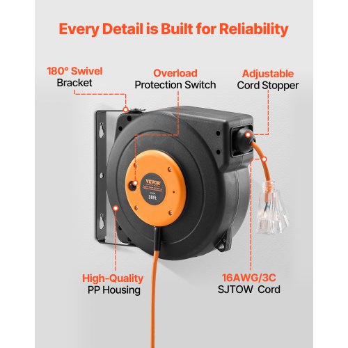 Retractable Extension Cord Reel 30 FT Heavy Duty 16AWG3C SJTOW Power