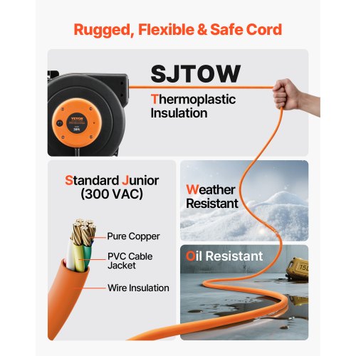 Retractable Extension Cord Reel 30 FT Heavy Duty 16AWG3C SJTOW Power