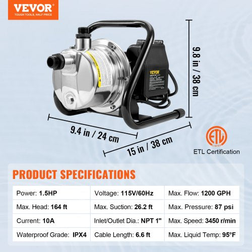 Shallow Well Pump 1.5 HP 115V 1200 GPH 164 ft Height 87 psi Max Pressure