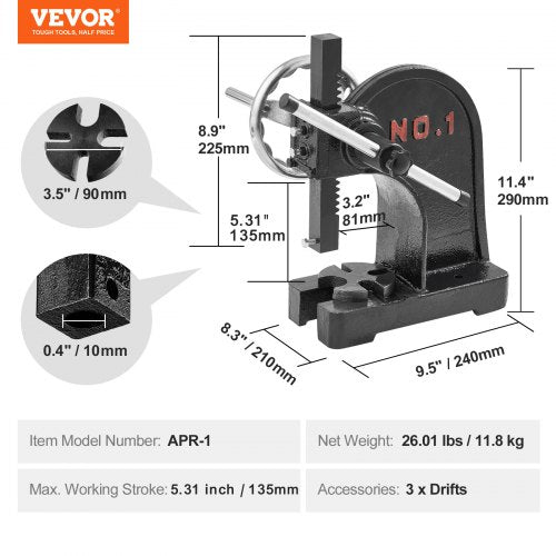Arbor Press 1 Ton Manual Arbor Press with Handwheel 59 Maximum Height