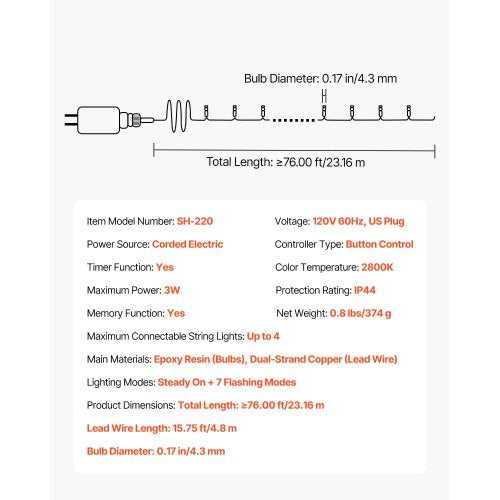 LED Christmas String Lights 200 LED 76 ft Connectable Warm White Christmas