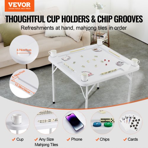 Mahjong Table Square 4 Player Folding Card Table with 4 Cup Holders 4