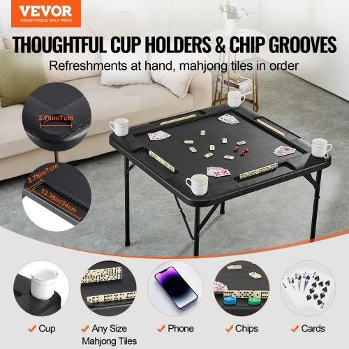 Mahjong Table 4 Player Folding Card Table 4 Cup Holders Chip Trays Black –