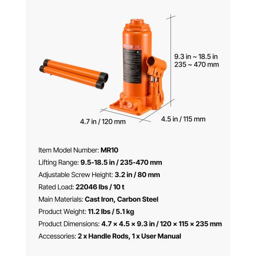 Hydraulic Bottle Jack 10 Ton 22046 lbs Capacity 93185 Inch Lifting