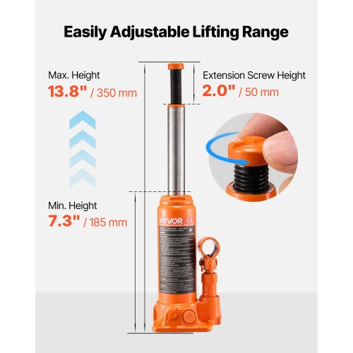 Hydraulic Bottle Jack 4 Ton 8818.4 lbs Capacity 73138 Inch Lifting