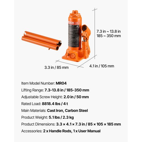 Hydraulic Bottle Jack 4 Ton 8818.4 lbs Capacity 73138 Inch Lifting